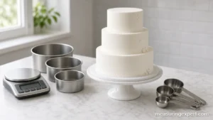 Wedding cake measurements shown with a tiered cake, scale and pans