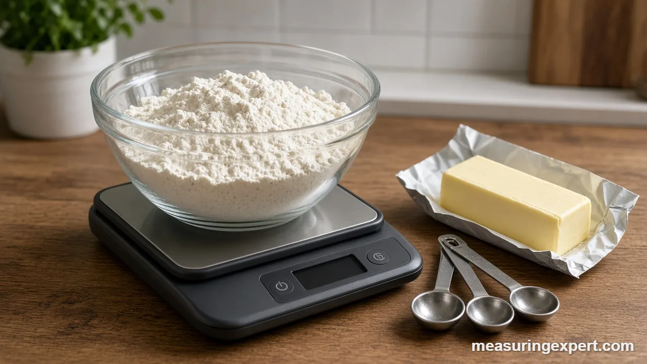 Measuring ingredients by weight with a digital scale and a bowl of flour