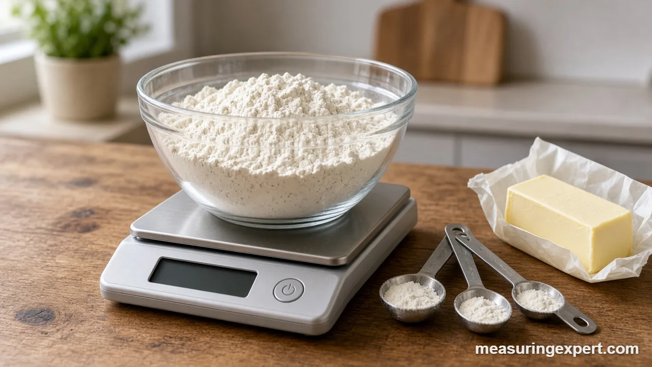 Measuring ingredients by weight: flour in a bowl on a kitchen scale