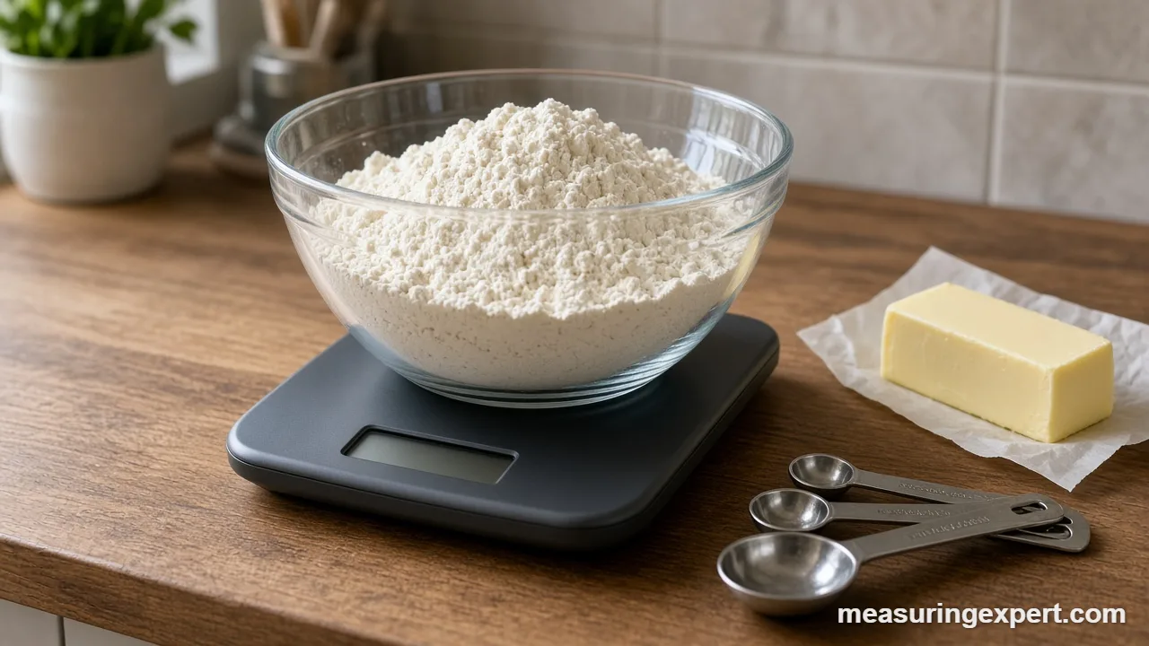 Measuring ingredients by weight with spoons and butter next to the scale