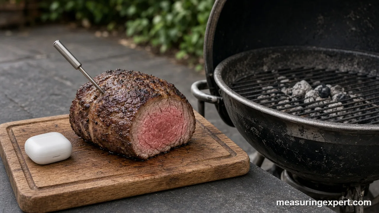 Best wireless meat thermometer probe in a beef roast beside a grill