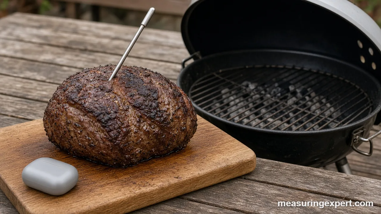 Wireless meat thermometer probe in a roast resting on a cutting board