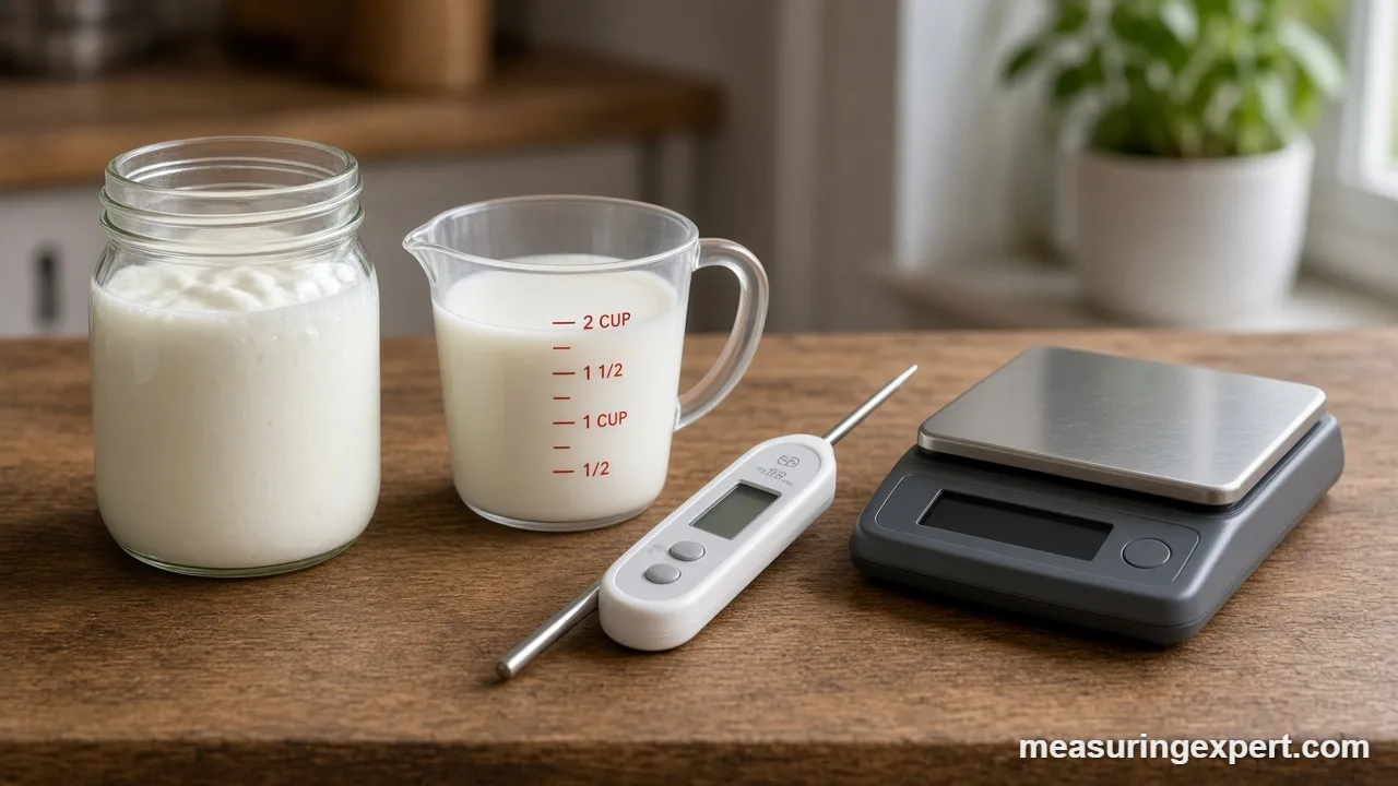 Measure ingredients for yogurt with a thermometer, milk and a kitchen scale