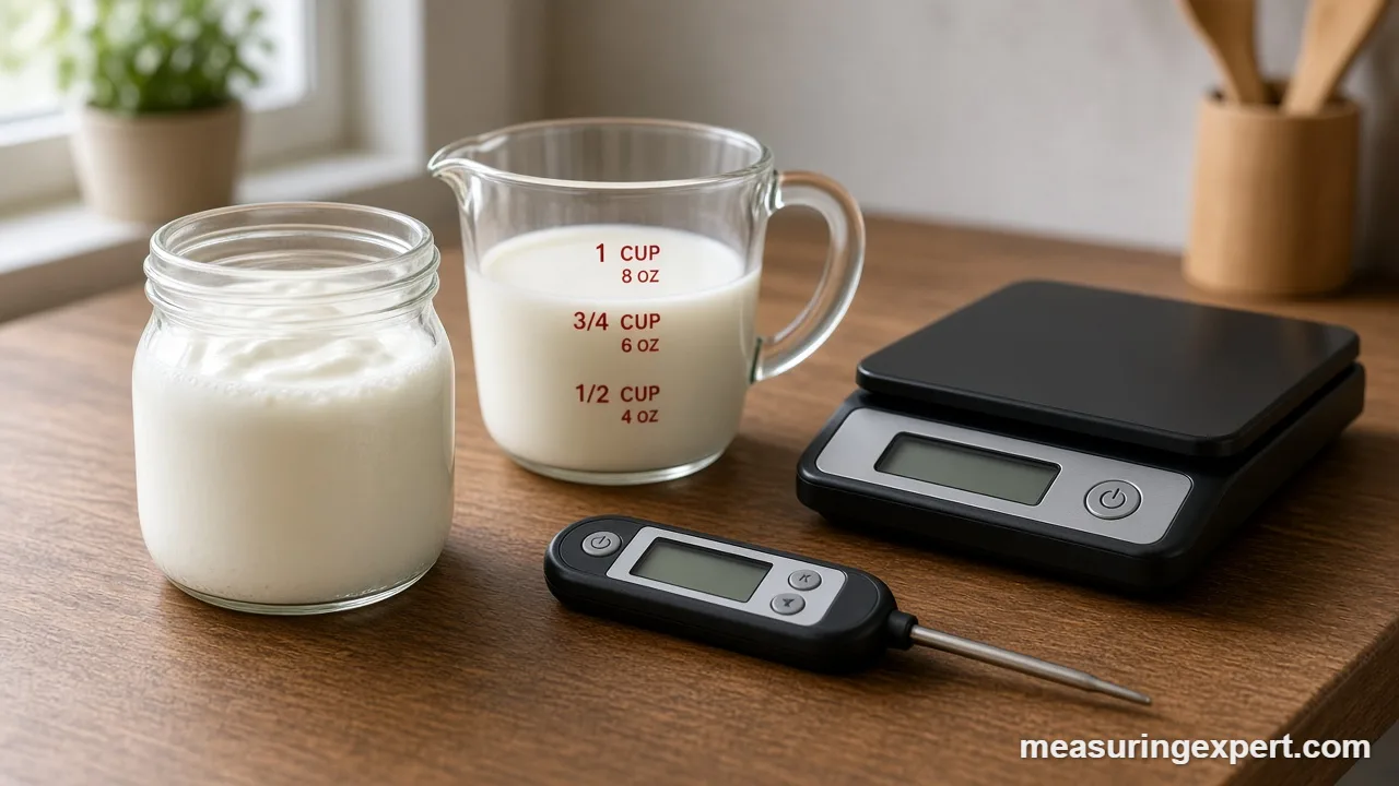 Measure ingredients for yogurt: milk poured into a glass measuring cup